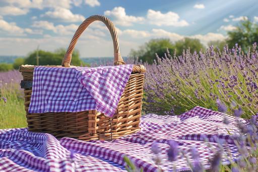 hyperrealistic image of a wicker picnic basket with purple gingham print on a gingham lavender colored picnic blanket in a sunny, lavender field --ar 3:2