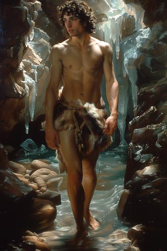 hyperrealistic intricate oil painting, simon vouet and William-Aldophe Bouguereau and george romney and rosso fiorentino's full body height oil portrait of a lithe muscular loki wearing fur trousers as a young man wandering through a giant crystal cave in jodenheim --sref  --s 750 --c 33 --no tom hiddleston --v 6.0 --ar 2:3