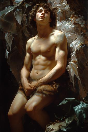 hyperrealistic intricate oil painting, simon vouet and William-Aldophe Bouguereau and george romney and rosso fiorentino's full body height oil portrait of a lithe muscular loki as a young man wandering through a giant crystal cave in jodenheim --sref  --s 950 --c 44 --no jewelry --v 6.0 --ar 2:3