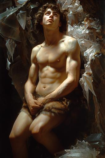 hyperrealistic intricate oil painting, simon vouet and William-Aldophe Bouguereau and george romney and rosso fiorentino's full body height oil portrait of a lithe muscular loki as a young man surrounded by crystals wandering through a giant crystal cave in jodenheim --sref  --s 950 --c 44 --no jewelry --v 6.0 --ar 2:3