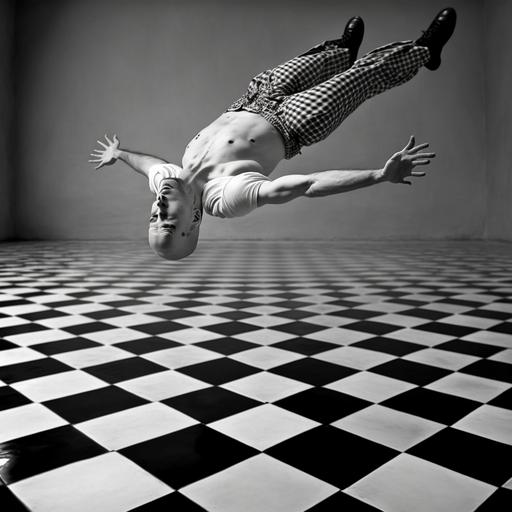hyperrealistic man with a shaved head full body contortion floating above a black and white tiled floor
