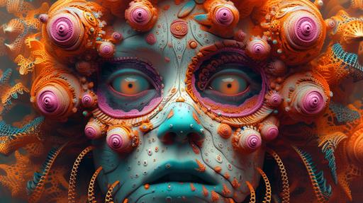 hyperrealistic mayan priest skull   Large white eyes   beautiful female shaman   mayan headdress   small detailed skull on headdress   face tattoos   gorgeous happy eyes   slight grin on mouth   skull::3   gold teeth with jewels   psychedelic LSD::     ::  mandelbrot fractal:: a painting showing monsters and balloons, in the style of political, social commentary, john larriva, bill gekas, packed with hidden details, clowncore, urban expressionism, monochromatic white figures:: Warm Whopping Witty Wonderful Worldly Winged Weary Wavy Wild Windy:: Vacant Valid Various Vintage Verbal Vibrant Virtual Vocal Violet Versatile:: sisyphean  --ar 32:18 --s 1000 --v 6.0 --style raw