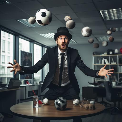 hyperrealistic photo 16k with Canon of a Project Manager wearing black suit with a funny collored hat balancing spining plates while playing soccer inside boardroom in a modern office very clear and shiny in one side and dark in the other side representing the duality of the required skyls to perform the job. A lot of symbols and signals in bright collors float surrounding him