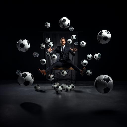 hyperrealistic photo 16k with Canon of a Project Manager wearing black suit balancing spining plates and playing with a soccer ball