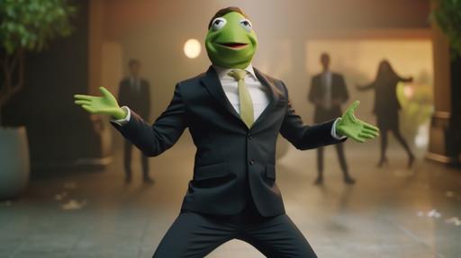 hyperrealistic photo of macron in Kermit the frog's outfit happy dancing --v 5.1 --ar 16:9