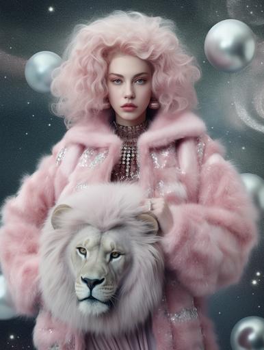 hyperrealistic photography, astrological sign leo as a fashion outfit, wool and fuzzy fabrics, person with a mane, zodiac aries, sharp teeth, vogue shooting, fashion photoraphy, runway with galaxy in the background puffer spheres in the background --ar 3:4