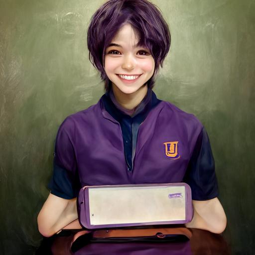 hyperrealistic portait of a smiling anime style university student wearing purple polo shirt, is talking, holding an ipad as notebook.