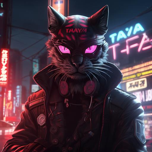 hyperrealistic stealth cyberpunk ninja cat under a neon sign that clearly reads the word 