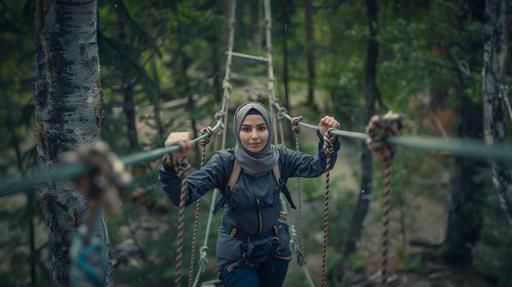 hyperrealistic, woman in hijab standing on a rope course, gripping the ropes tightly, looking hopeful, front shot, camp, overview, summer, Manitoba wilderness, NO WATCHING CAMERA, shot in a Sony A9 camera at 50mm, 1,4 alpha lens, --ar 16:9 --v 6.0