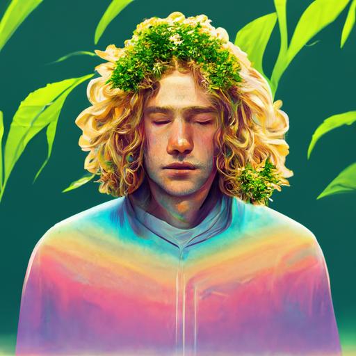 hyperrealistic young curly blond hair male meditating in a lush garden with cannabis plant growing out of his head conciousness, waterfall, colorful