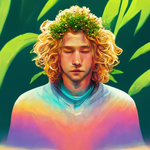hyperrealistic young curly blond hair male meditating in a lush garden with cannabis plant growing out of his head conciousness, waterfall, colorful