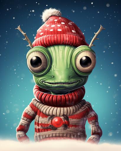 hypersensitive alien cute bug wearing ugly sweater, celestial comedy --ar 4:5 --v 5.2