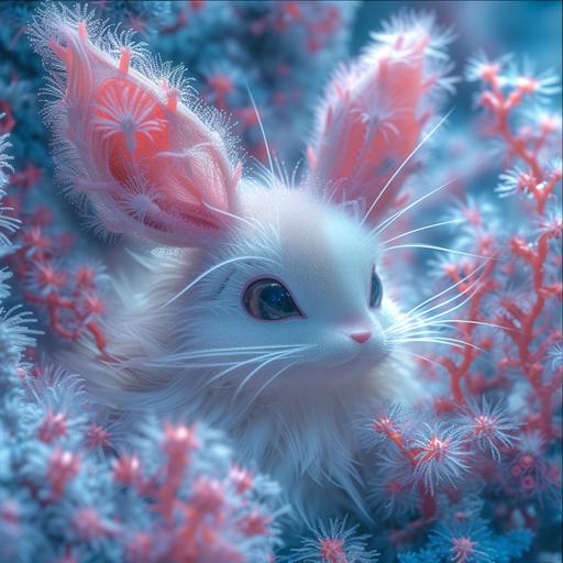 a cotton candy eevee, pastel cotton candy corals, underwater, extremely detailed, intricate details, cinematic lighting, masterpiece, best quality, high resolution, halftone --v 6.0 --s 750