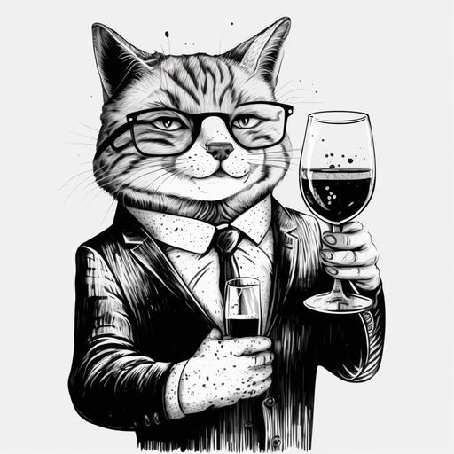 exaggerated vector illustration comic smiling cat hipster animal in suit holding glass of wine black and white super detailed drawing