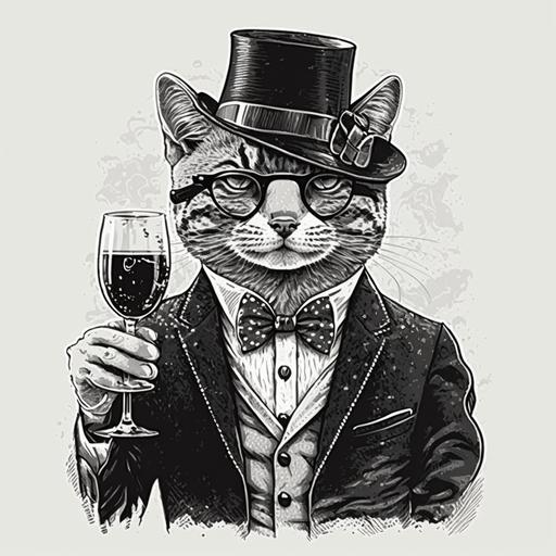 smiling cat hipster animal in suit holding glass of wine black and white super detailed drawing vector illustration hat exaggerated