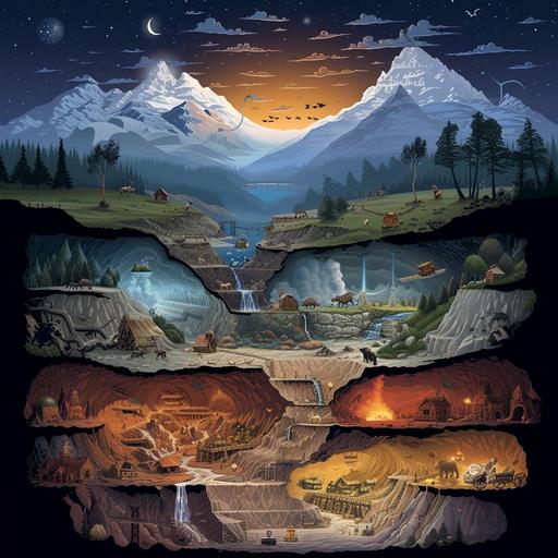 educational poster, cartoon, the 5 stages of the underground miraculous future life of the Klondike Gold Rush and the various fantasy cave layers --v 6.0