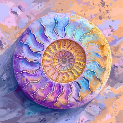 geodesic spiral impressions of large ammonite specimen pastel colors fossils in dolomite rock, cartoon style --v 6.0 --stylize 250