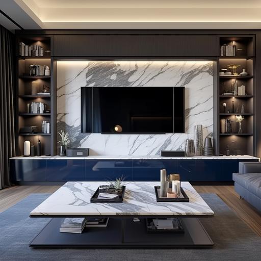 i have a wall that is 5 meters long and 2.5 meters high, i need a wall unit design with a 72 inch tv in the middle, made of dark blue wood and a white marble in the back