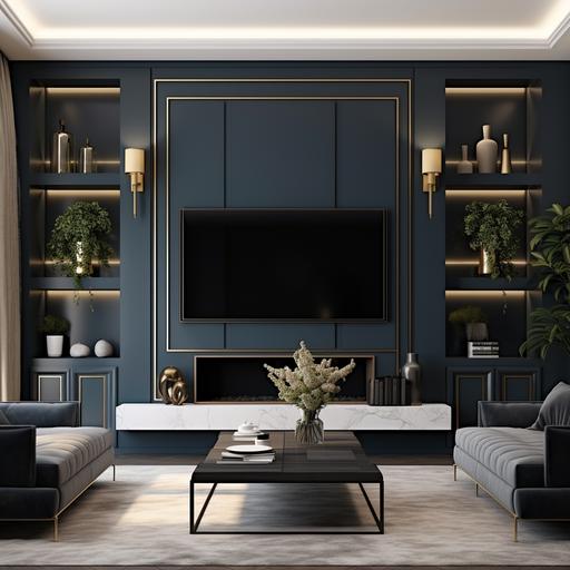 i have a wall that is 5 meters long and 2.5 meters high, i need a wall unit design with a 65 inch tv in the middle, made of dark blue wood and a white marble in the back
