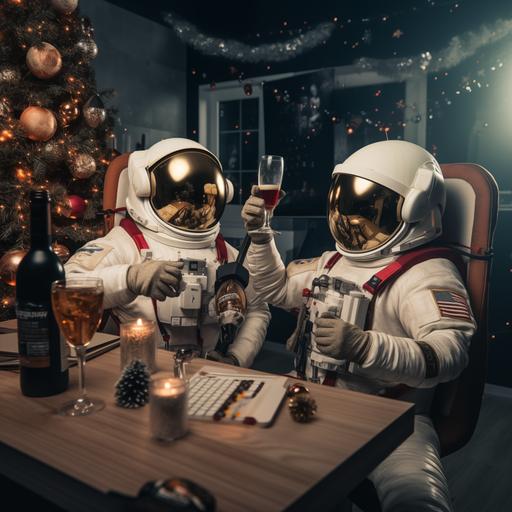 i need two astronaut whit helmet and cheer wine a new years in the office cumputer imac quality 4k
