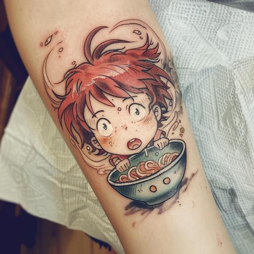 i wanna get the character Ponyo. There’s a scene in the movie where she gets really excited over a bowl of ramen. In the tattoo I would like to have her looking over a bowl of ramen excited.white background