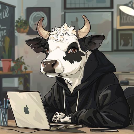 i want a office, cartoon style version, with a desk, a laptop, i want an cow with human body with black and white fur, dress with a black hoodie and make the character without a head