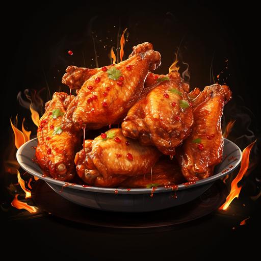i want to chicken wings in a plate full hd realistic with fire and covered with sauce like hot or garlic
