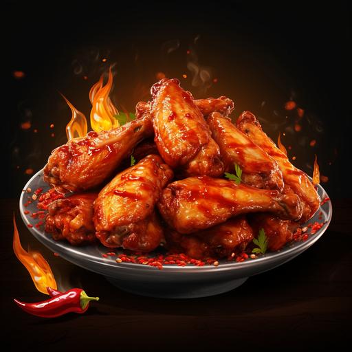i want to chicken wings in a plate full hd realistic with fire and covered with sauce like hot or garlic