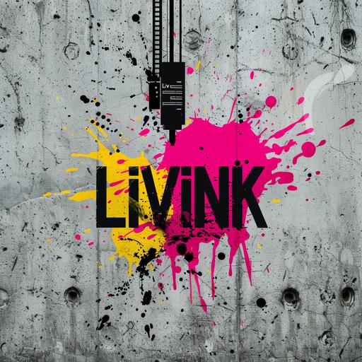 i want to create the logo of a company called LivInk. It is a splash of magenta, cian, yellow and black print in to a concrete wall. In the middle of the logo appears a vertical printer machine printing the name of the company: LivInk. The splash of print is realistic and vertical lines like a barcode are surrounding it.