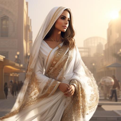 arab traditional dress, women, modern city, arab aesthetic, 3d rendering, dubai, warm mood