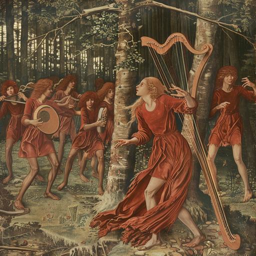 iHuit petits hommes habillés en rouge dansent autour des arbres Dans une forêt, une jeune femme rousse joue de la harpe. --s 50 --v 6.0