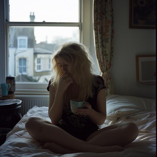 iPhone photo of a young woman with dyed blond hair sitting on the edge of a bed in a London flat first thing in the morning in December having just woken up and drinking a cup of coffee, --v 6.0