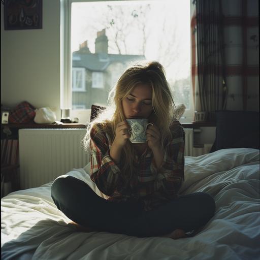 iPhone photo of a young woman with dyed blond hair sitting on the edge of a bed in a London flat first thing in the morning in December having just woken up and drinking a cup of coffee, --v 6.0