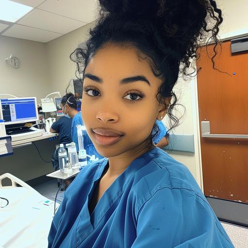 iPhone selfie of a cute african american girl wearing blue scrubs with her hair in a messy bun sitting at a hospital nurses station with doctor in the background posted to reddit in 2020 --v 6.0 --stylize 50