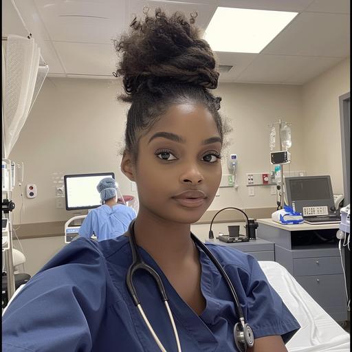 iPhone selfie of a cute african american girl wearing blue scrubs with her hair in a messy bun sitting at a hospital nurses station with doctor in the background posted to reddit in 2020 --v 6.0 --stylize 50