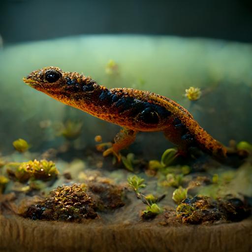 iberian ribbed newt swimming in a beautiful tank with a clear water with algues and Sand,3D Realistic, ultradetailed,ultrarealistic