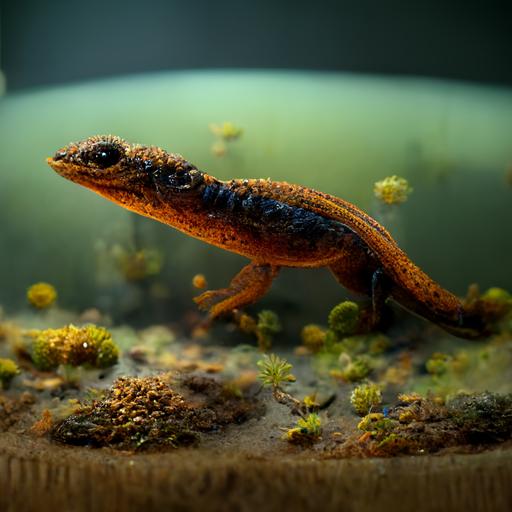 iberian ribbed newt swimming in a beautiful tank with a clear water with algues and Sand,3D Realistic, ultradetailed,ultrarealistic