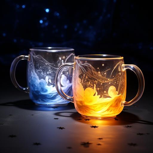 ice coffee alembic mug glasses with laser light design, in the style of dark sky-blue and yellow, imaginative spacescapes, ren hang, makoto shinkai, whimsical figurines, stephanie pui-mun law, relatable personality