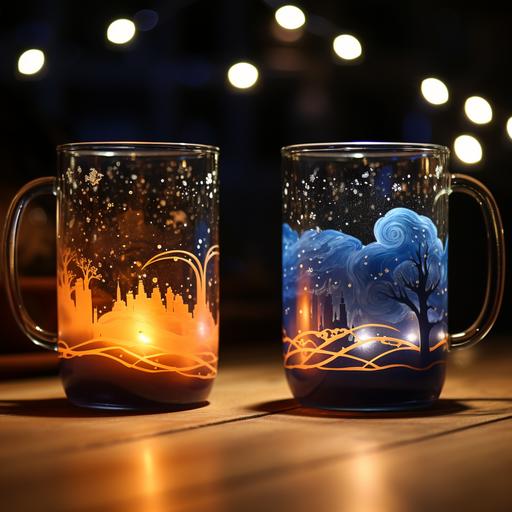 ice coffee alembic mug glasses with laser light design, in the style of dark sky-blue and yellow, imaginative spacescapes, ren hang, makoto shinkai, whimsical figurines, stephanie pui-mun law, relatable personality