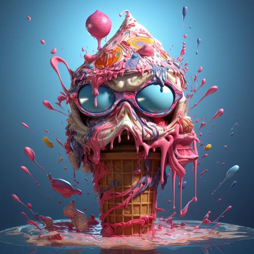 ice cream cartoons by karen rafalka, in the style of surreal cyberpunk iconography, shiny eyes, zbrush, splattered/dripped, zombiecore, 32k uhd, highly detailed illustrations --s 250