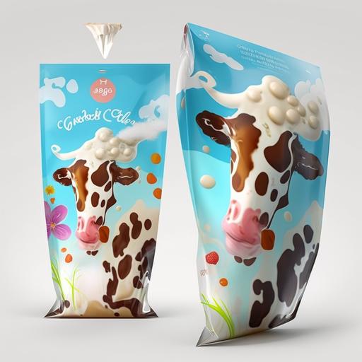 Milk-flavored ice cream, food packaging bag: length 8.27 inches (210mm), width 7.48 inches (190mm), made of plastic film. The design on the packaging bag should feature splashing milk droplets and a dairy cow.