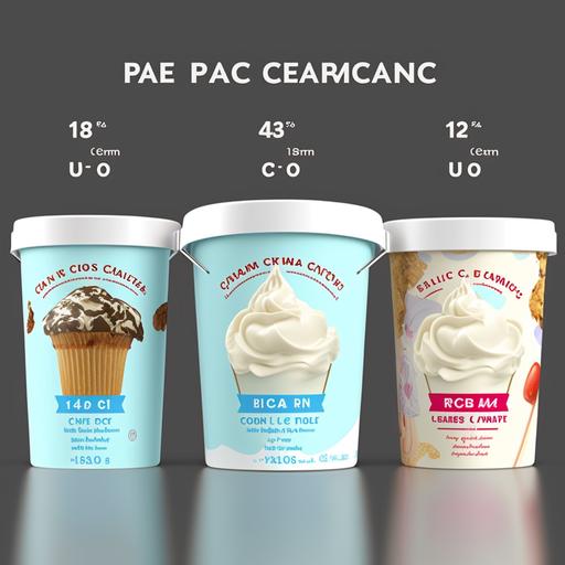 ice cream packaging comparison of cup 110 ml, pint 473ml, half gallon 1900 ml, one gallon 3800 ml