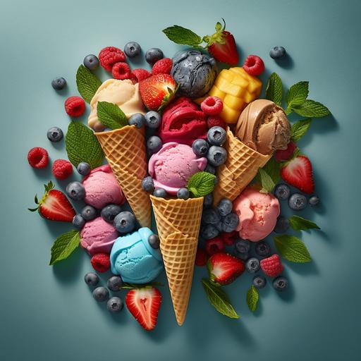 ice creams on chopped fruit, top view, 8k, DSRL, quality 2
