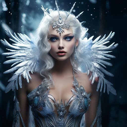ice fairy with big wings, very fair skin, white hair, moody light, fierce look on her face, blue makeup and embellishments in her face