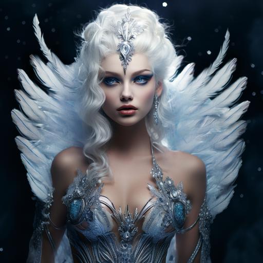 ice fairy with big wings, very fair skin, white hair, moody light, fierce look on her face, blue makeup and embellishments in her face