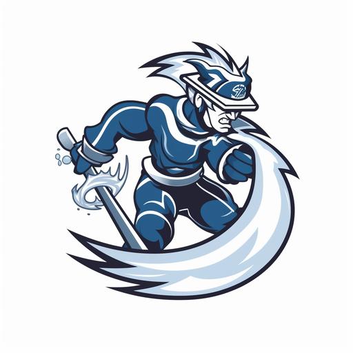 ice hockey logo vector style, cartoon storm twister with a hockey player pumping his arm in blue and white tones --v 5 --s 750