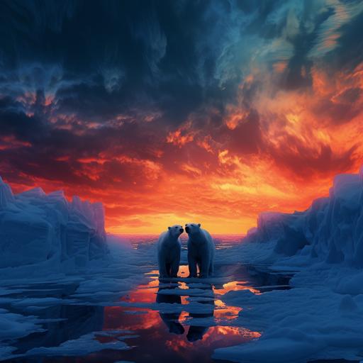 iceburgs at a vivid blue dusk. hot white blue yellow orange flames on ice and icey water. polar bears fur made of fire. v.6.0. cinematic wide screen. 4k ultra high definition. magic realism. insane. hot vs cold.
