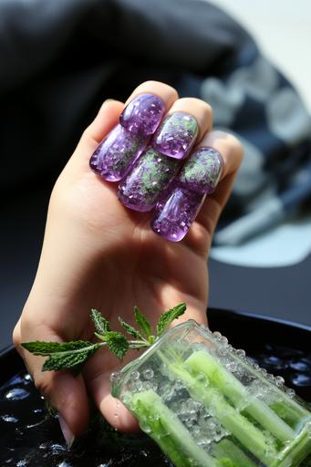 icecubes, fennel, purple and green, glitters, fused with fingers melting into hands --v 5.2 --chaos 55 --stylize 333 --video --no vignette, depth of field --style raw