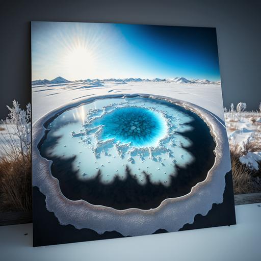 icelandic glacial pond, snowy icelandic landscape, Geysir erupting, blue sky, waterfalls, water crystals floating through the air, sunlight, intricate, filigree, high resultion, high quality, mystic, 8k