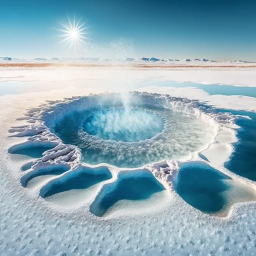 icelandic glacial pond, snowy icelandic landscape, Geysir erupting, blue sky, waterfalls, water crystals floating through the air, sunlight, intricate, filigree, high resultion, high quality, mystic, 8k